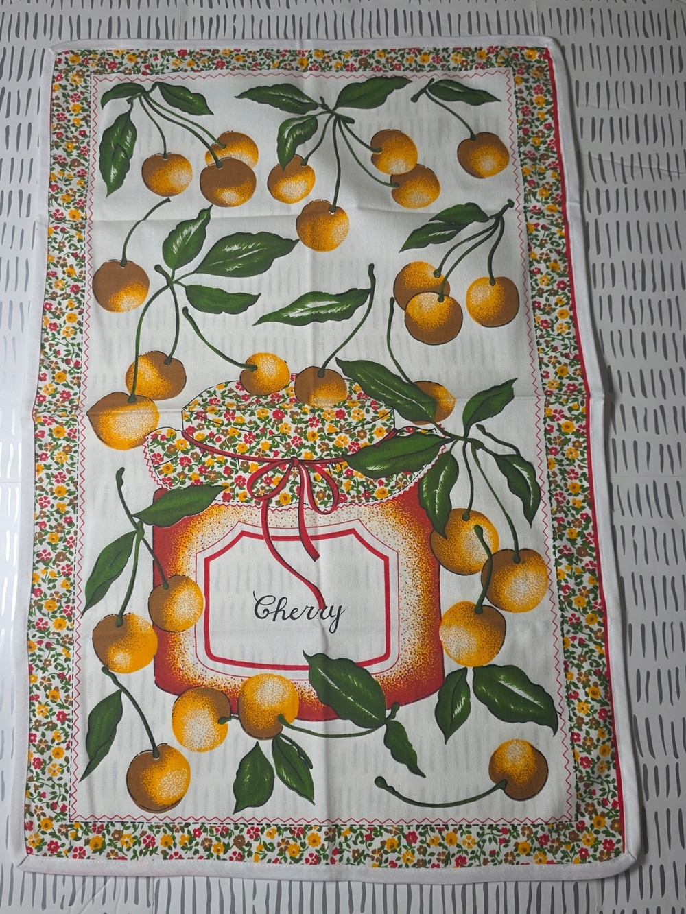 Vintage Kitchen Tea Towel Cherry Jam Jar Floral 1970s Cotton
